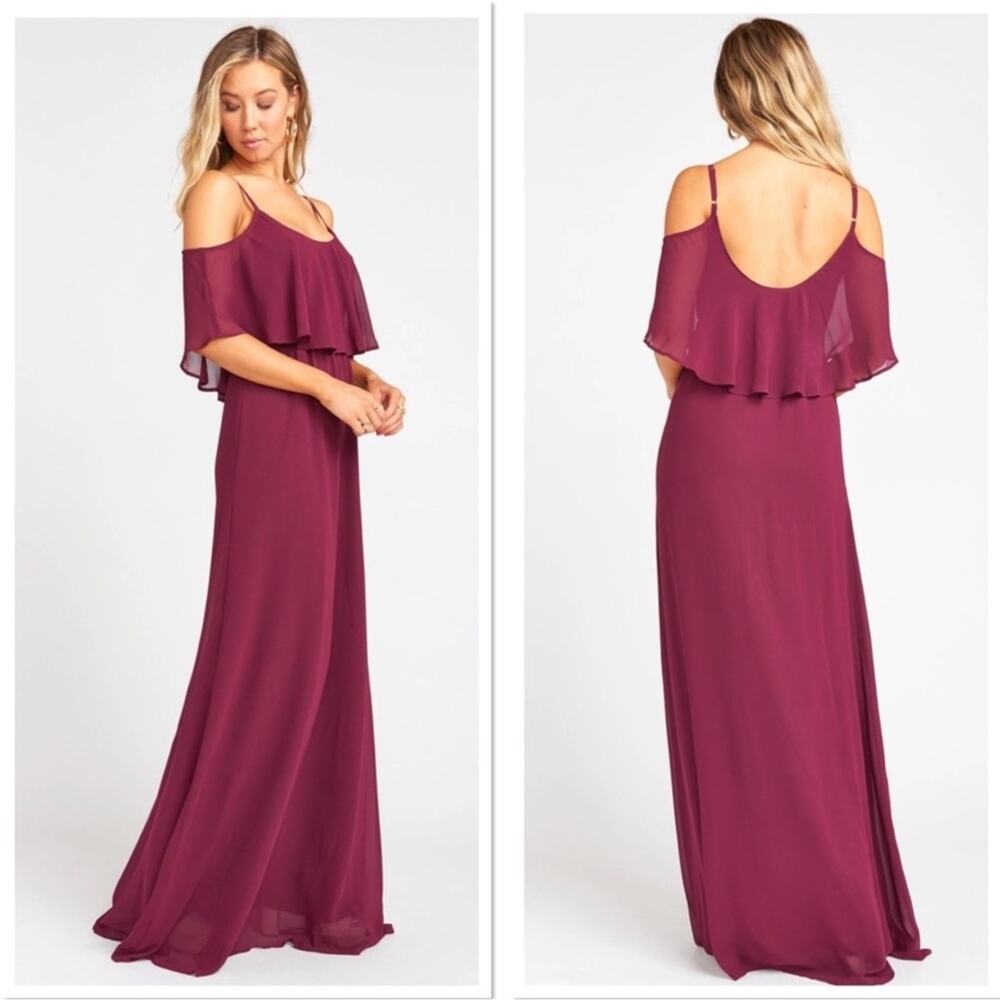 Show Me Your Mumu Cold-Shoulder Chiffon Maxi Dress in Burgundy